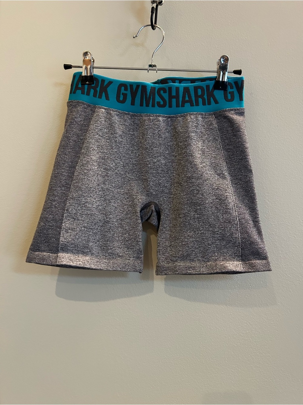 Gymshark Grey Bike Shorts Charcoal Marl with Teal Branded Waistband